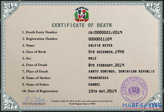 Realistic Dominican Republic vital record death certificate PSD template